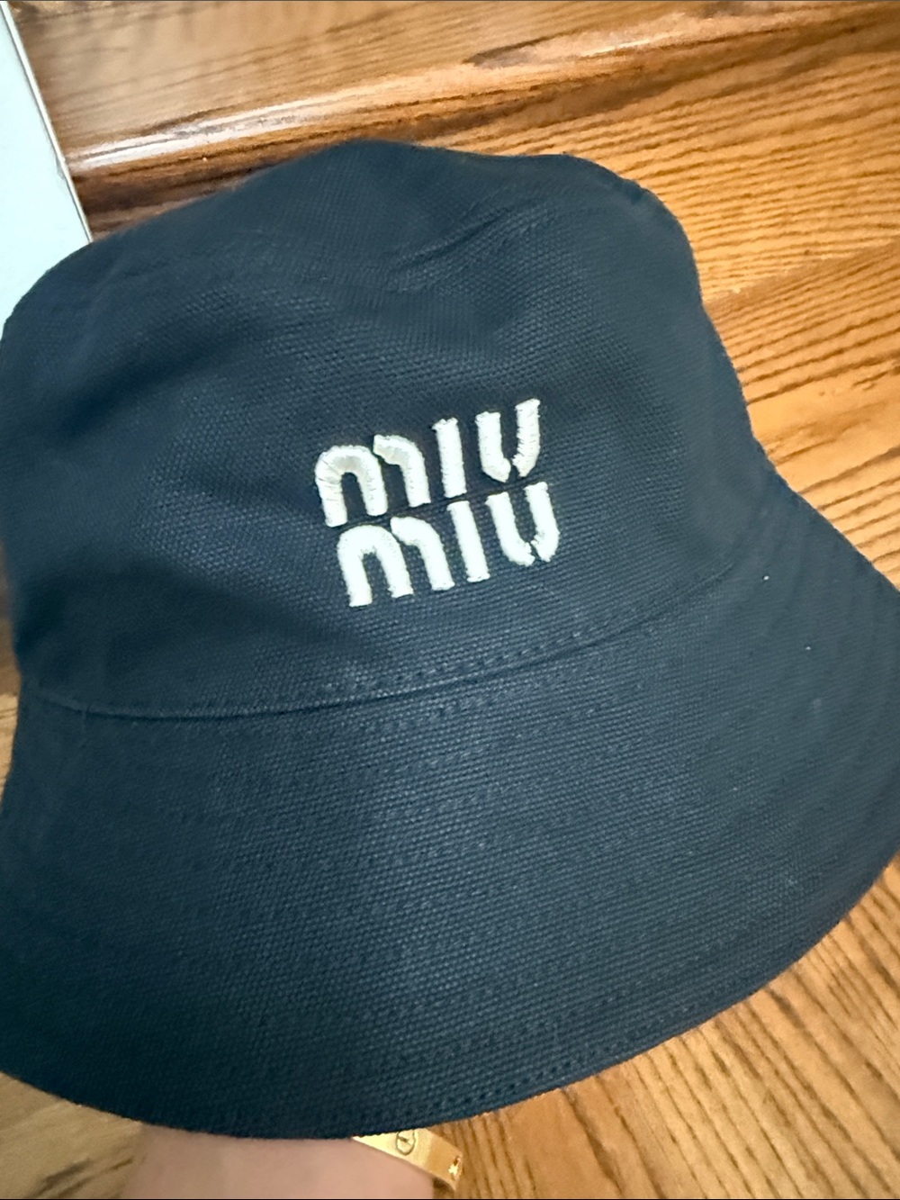 Miu Miu Navy and White Striped Bucket Hat with Embroidered Monogram - Picture 5 of 7